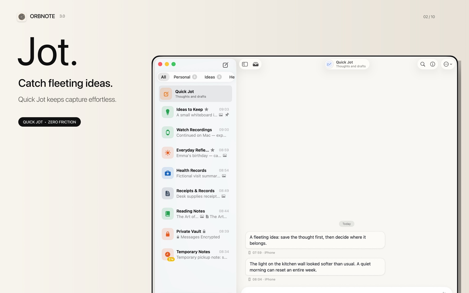 OrbNote 3.0 Quick Jot on Mac capturing a fleeting idea