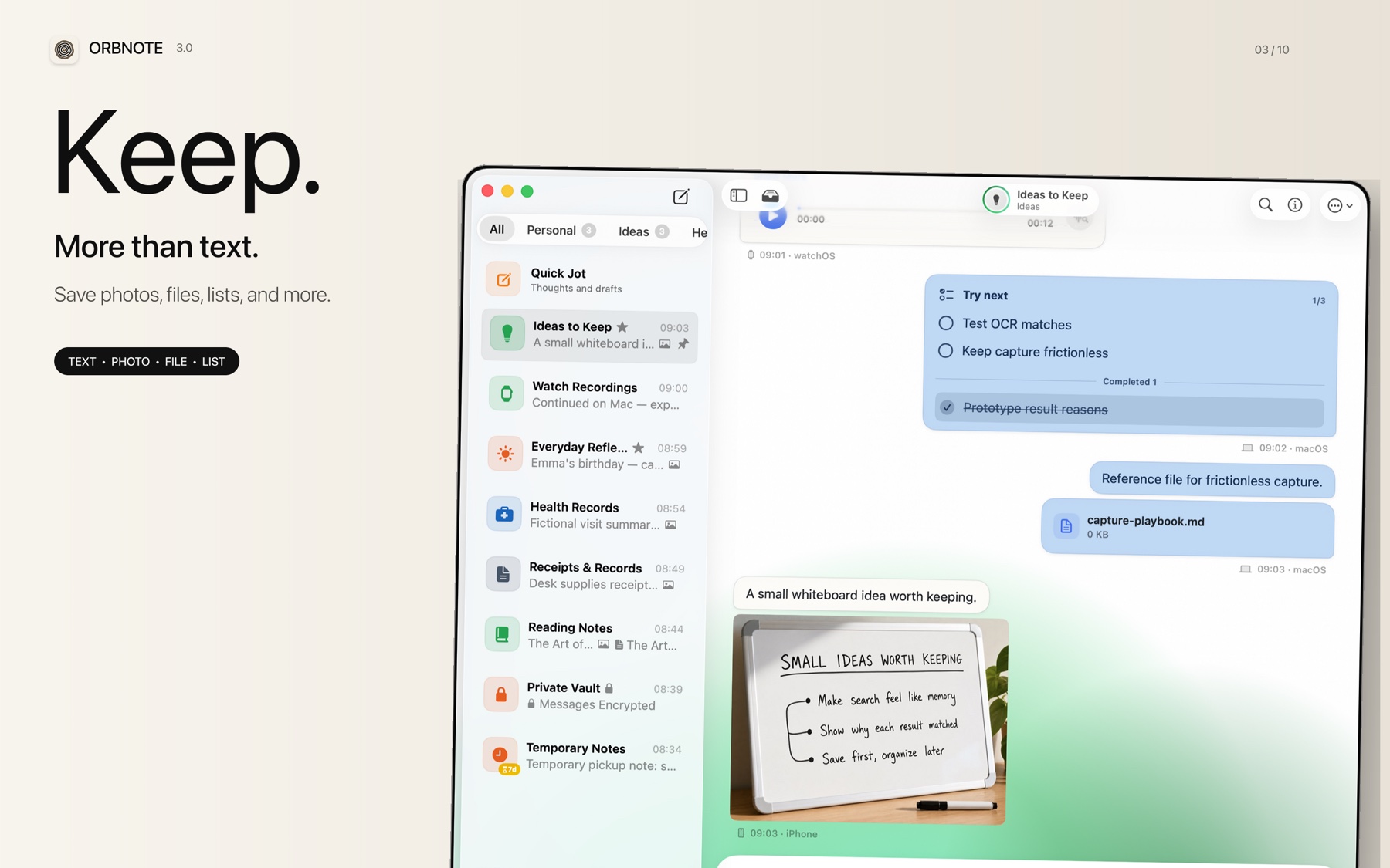 An OrbNote message on Mac containing text, a photo, and a checklist