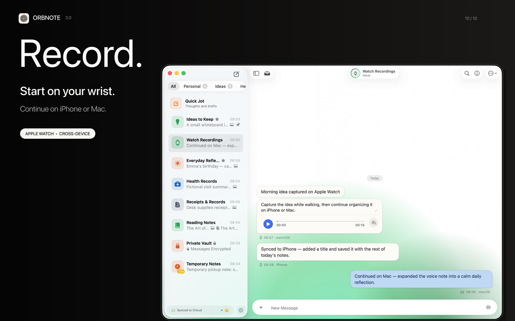 Recording a voice note in OrbNote on Apple Watch